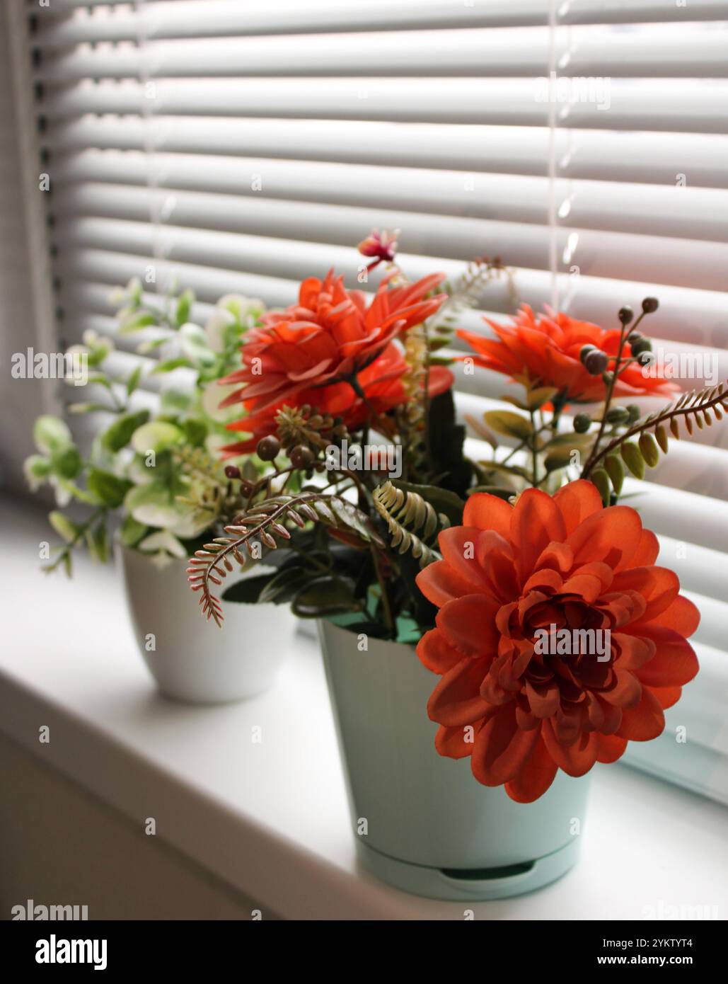 Intérieur de la fenêtre de la maison avec des fleurs lumineuses dans des pots contre des stores blancs Banque D'Images