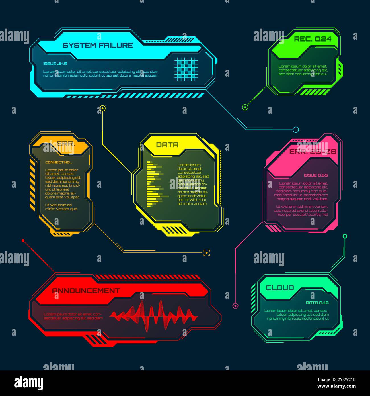 Éléments HUD ou UI futuristes. Zones de texte et légendes de l'interface utilisateur SCI-fi. Cadre de message d'avertissement coloré, modèle de boîtes d'information. Jeu moderne Illustration de Vecteur