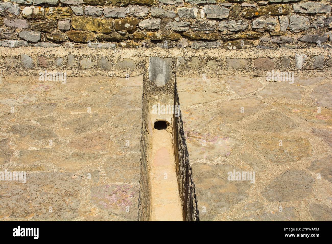 Système de drainage des eaux pluviales sur le toit du château de Gjirokaster, dans le sud de l'Albanie. Ce système de drainage de gouttière en pierre ou de canal en pierre comprend un drainage de gouttière en pierre Banque D'Images