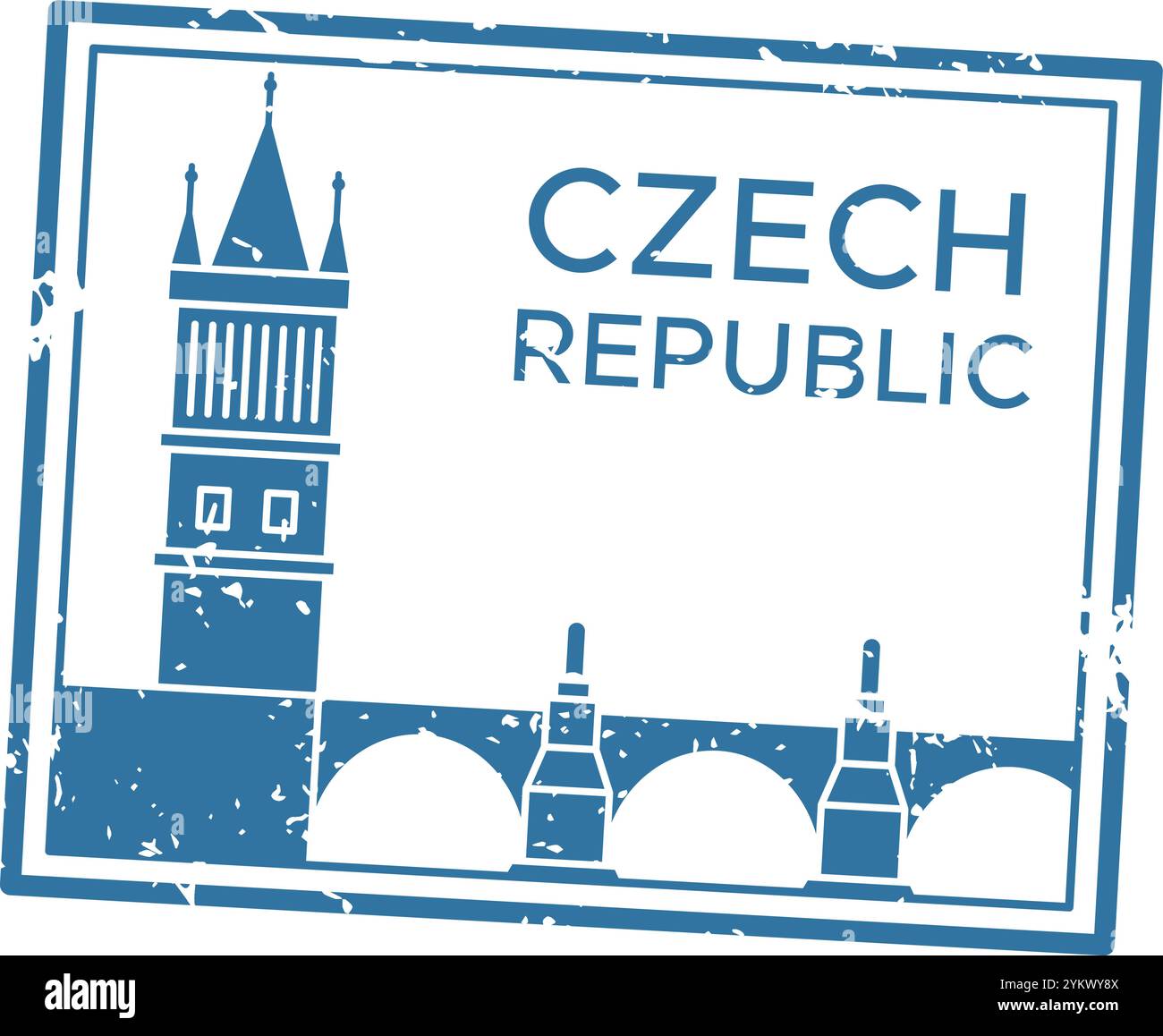 Le timbre en caoutchouc grunge à encre bleue représente la république tchèque avec l'emblématique pont charles et la tour du pont de la vieille ville, symbolisant le tourisme, les voyages, et Illustration de Vecteur