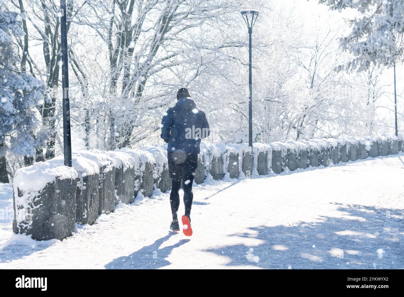 L'homme fait du jogging dans le parc d'hiver. Banque D'Images