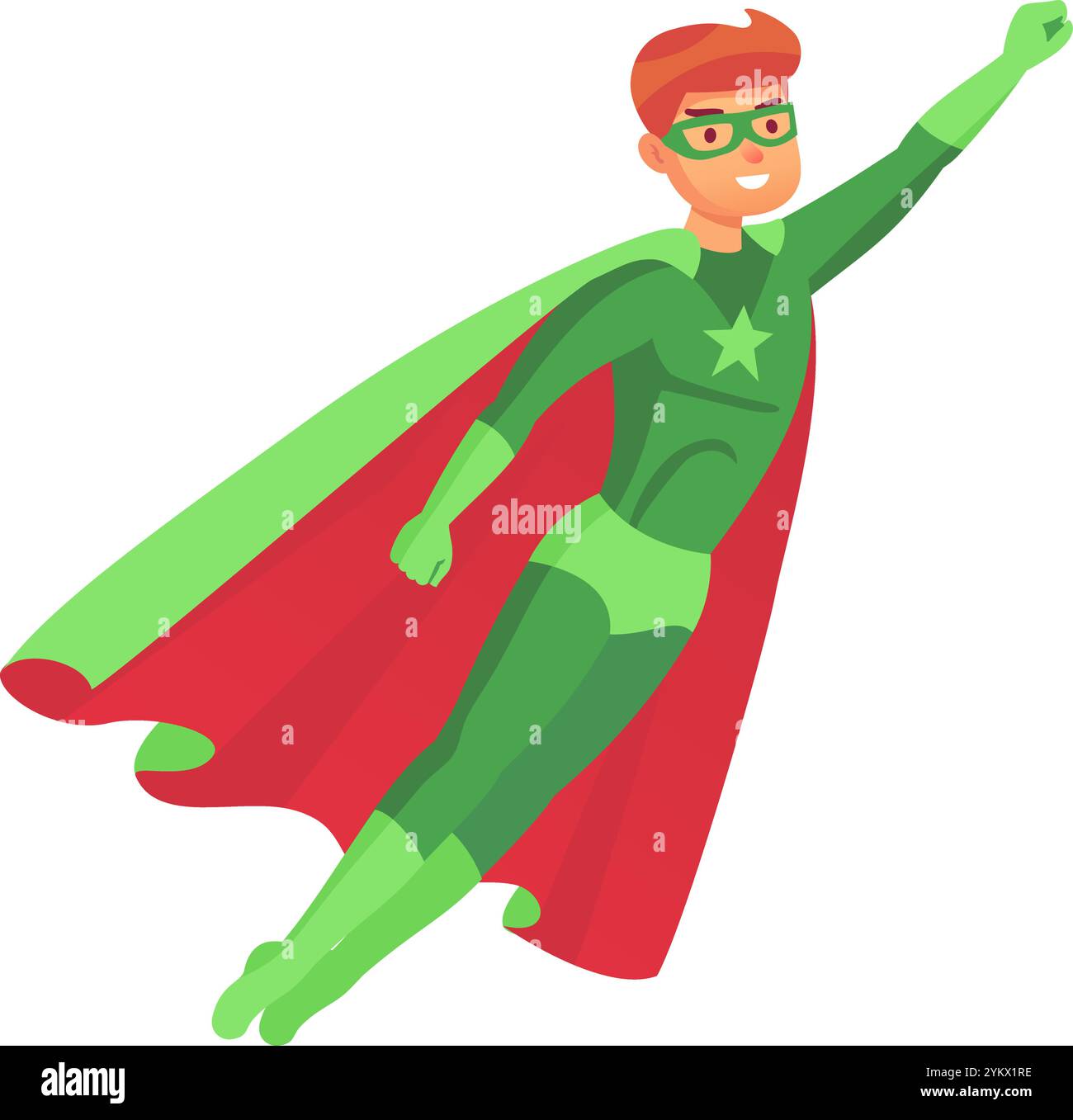 Super-héros confiant portant un costume vert avec étoile et cape rouge volant vers le haut avec le bras tendu, démontrant puissance, courage et héroïsme Illustration de Vecteur