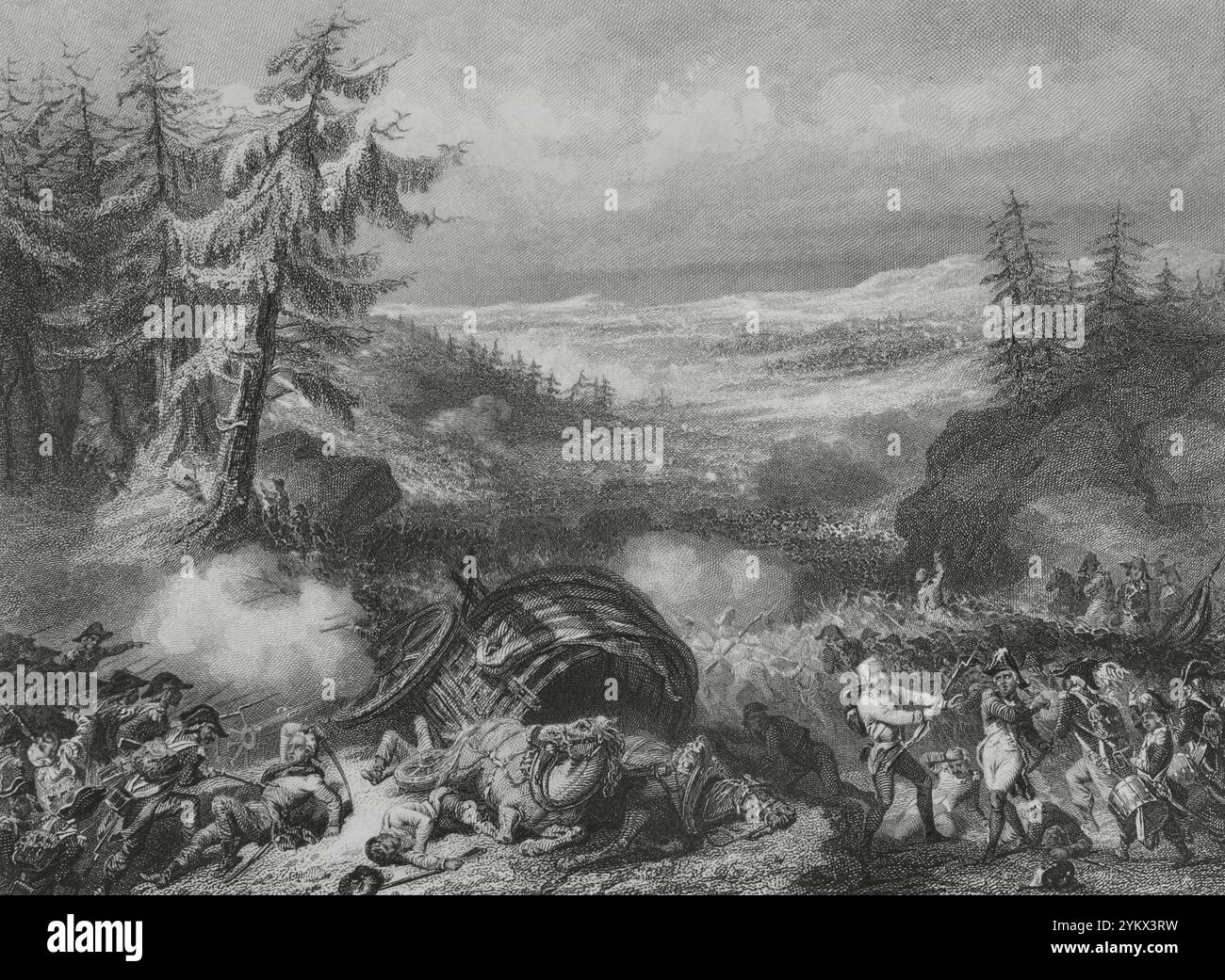 Guerres révolutionnaires françaises. Bataille de Hohenlinden (3 décembre 1800). L'armée française, commandée par le général Jean Victor Marie Moreau, a vaincu une force combinée autrichienne et bavaroise dirigée par l'archiduc Jean d'Autriche (Jean de Habsbourg-Lorraine). La défaite force l'Autriche à signer un armistice. Dessin de A. Sandoz. Gravure de John Outhwaite. Histoire du Consulat et de l'Empire, par A. Thiers. Volume II. publié à Paris, 1847. Banque D'Images