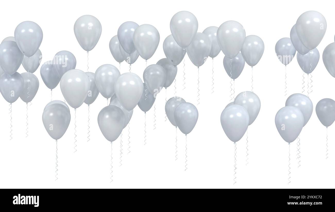 Ballons de fête vierges argentés volants isolés sur fond blanc. Illustration 3D. Banque D'Images