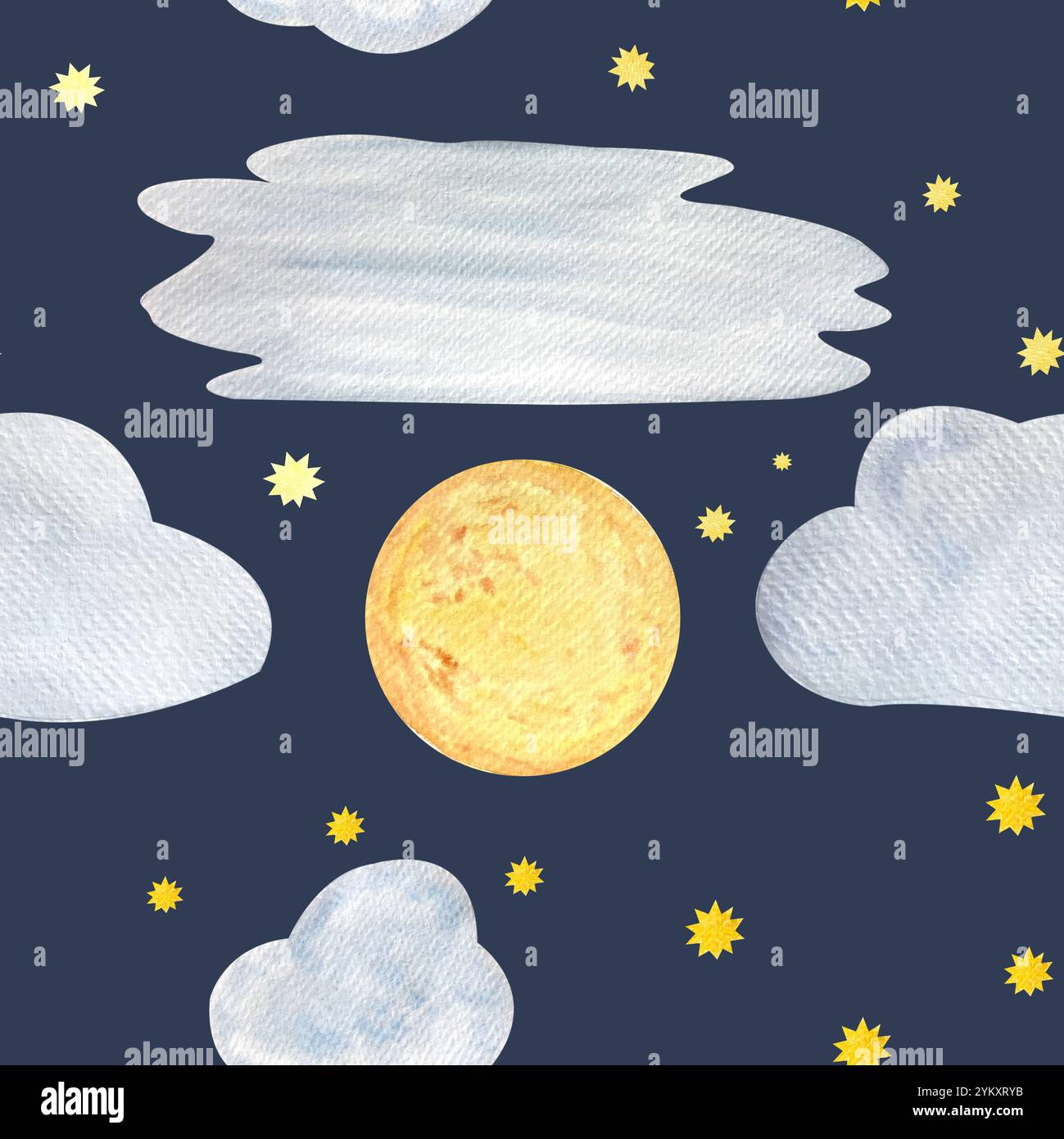 Soleil, lune, étoiles et nuages aquarelle modèle sans couture sur fond bleu foncé. Illustrations clip art de haute qualité peintes à la main. Parfait pour Banque D'Images