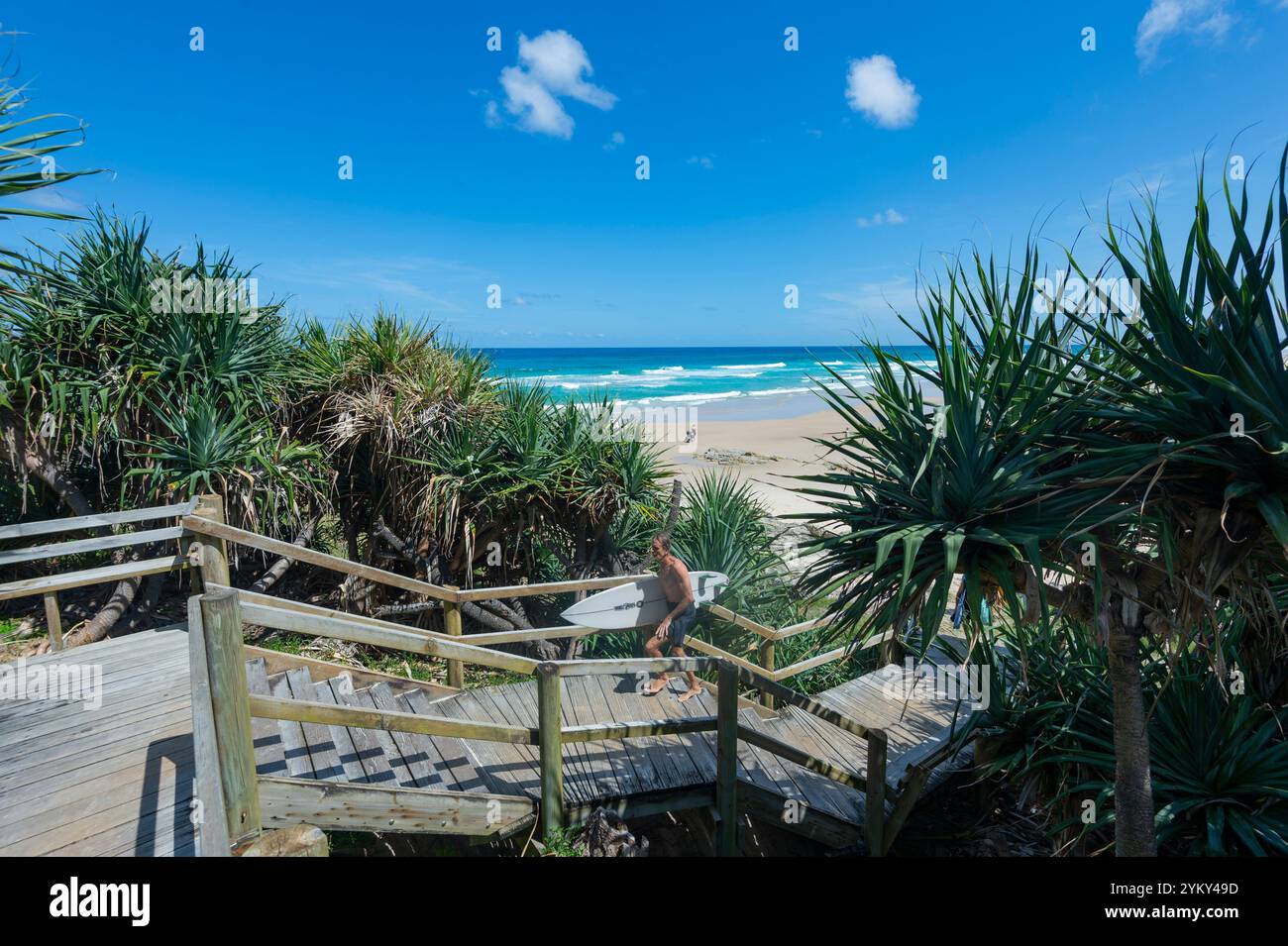 Surfeur portant sa planche de surf à main Beach, une destination touristique populaire, North Stradbroke Island, Queensland, Queensland, Queensland, Queensland, Australie Banque D'Images