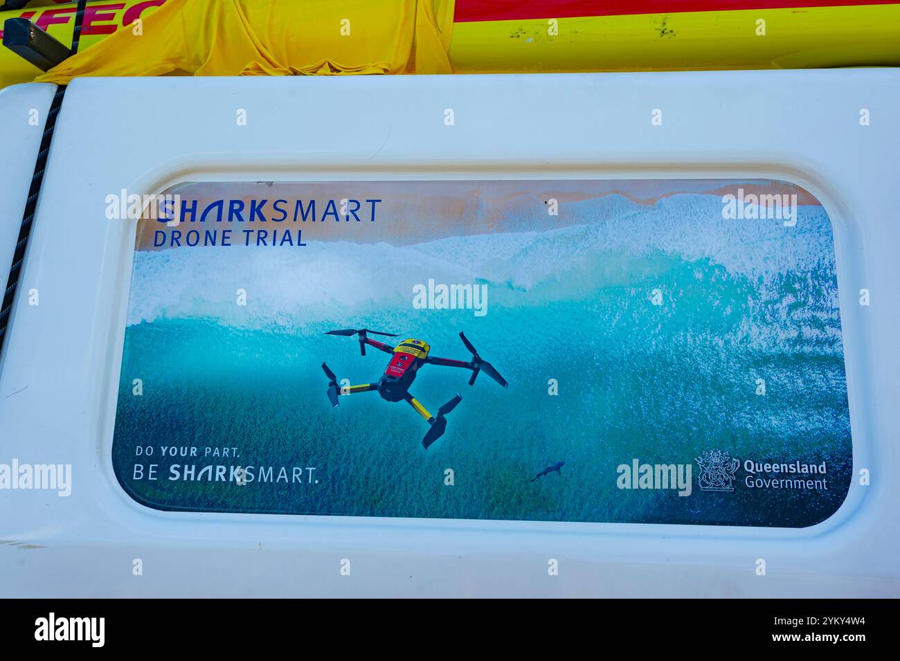 Panneau Sharksmart Drone Trial, North Stradbroke Island, Queensland, Queensland, Queensland, Australie Banque D'Images