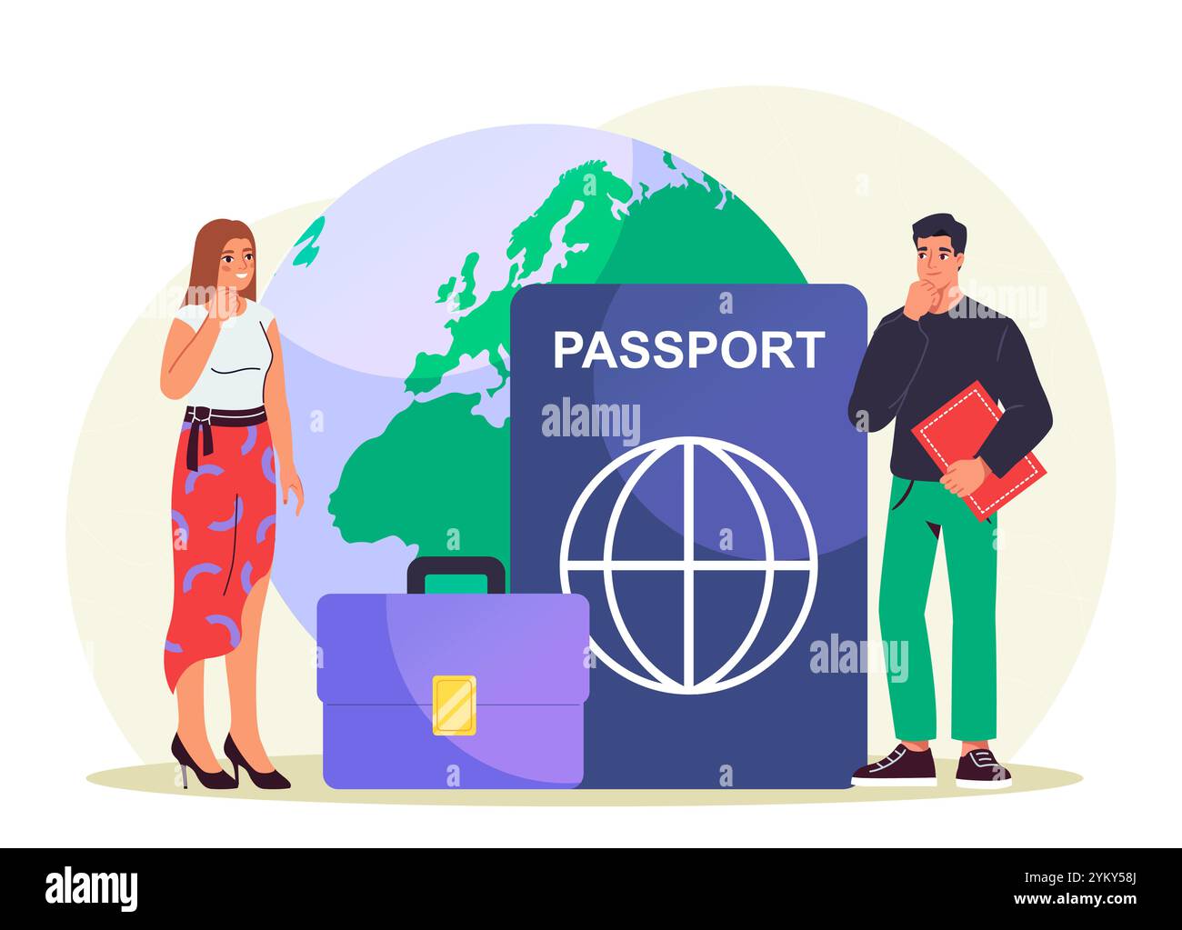 Diplomate avec passeport. Homme et femme près d'une mallette et d'un passeport étranger. Visa international pour les politiciens. Voyages et tourisme. Vecteur plat Illustration de Vecteur