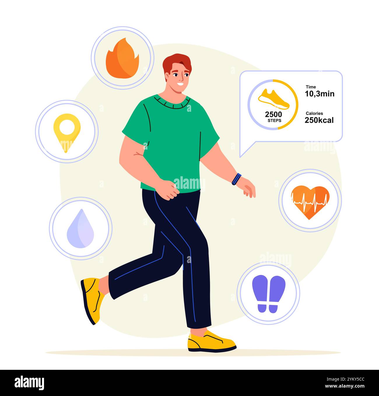 Homme avec des applications de fitness. Le jeune gars avec une montre intelligente sur son poignet marche dans la rue. Mode de vie actif et sport. Fitness et entraînement. Plat Illustration de Vecteur