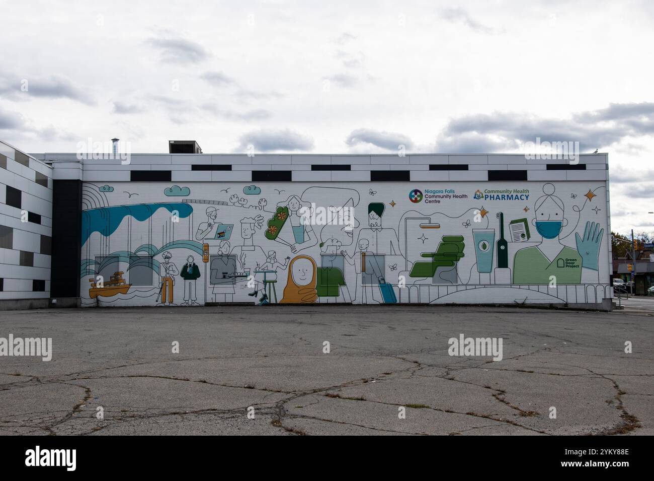 Murale de pharmacie de santé communautaire dans le district de Queen Street, Niagara Falls, Ontario, Canada Banque D'Images