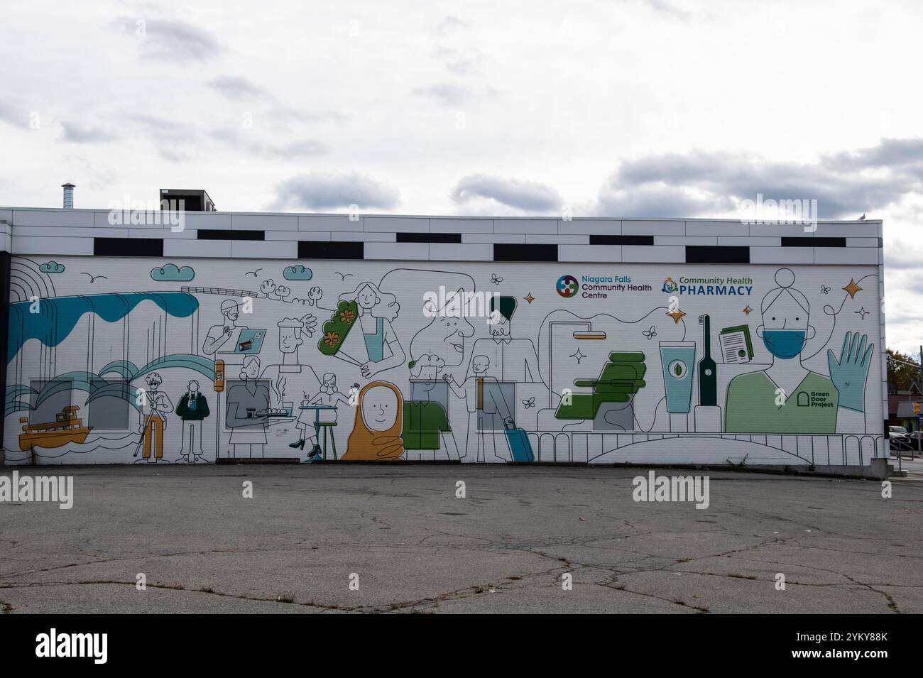Murale de pharmacie de santé communautaire dans le district de Queen Street, Niagara Falls, Ontario, Canada Banque D'Images