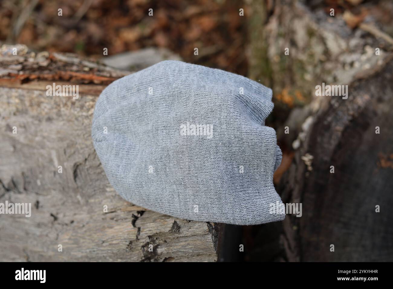 Bonnet d'hiver en tricot gris perdu et trouvé sur la bûche Banque D'Images