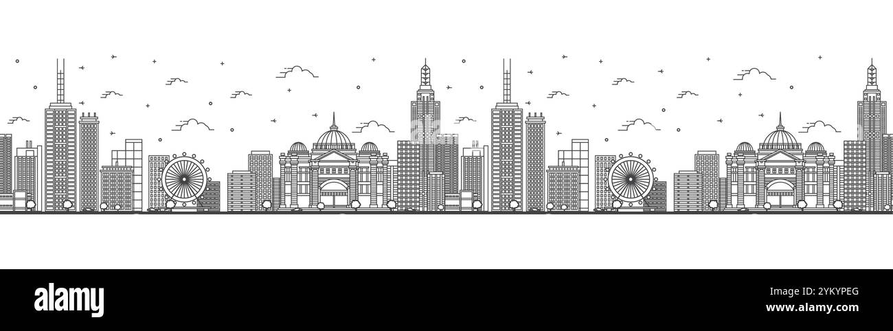 Modèle sans couture avec contour Melbourne Australia City Skyline avec des bâtiments modernes et historiques isolés sur blanc. Illustration vectorielle. Illustration de Vecteur