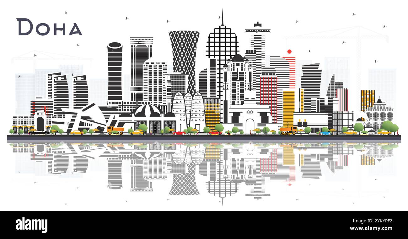 Doha Qatar City Skyline avec des bâtiments de couleur et des reflets isolés sur blanc. Illustration vectorielle. Illustration de Vecteur
