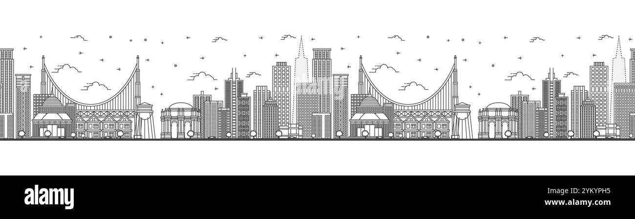 Modèle sans couture avec contour San Francisco California City Skyline avec des bâtiments modernes isolés sur blanc. Illustration vectorielle. San Francisco États-Unis . Illustration de Vecteur