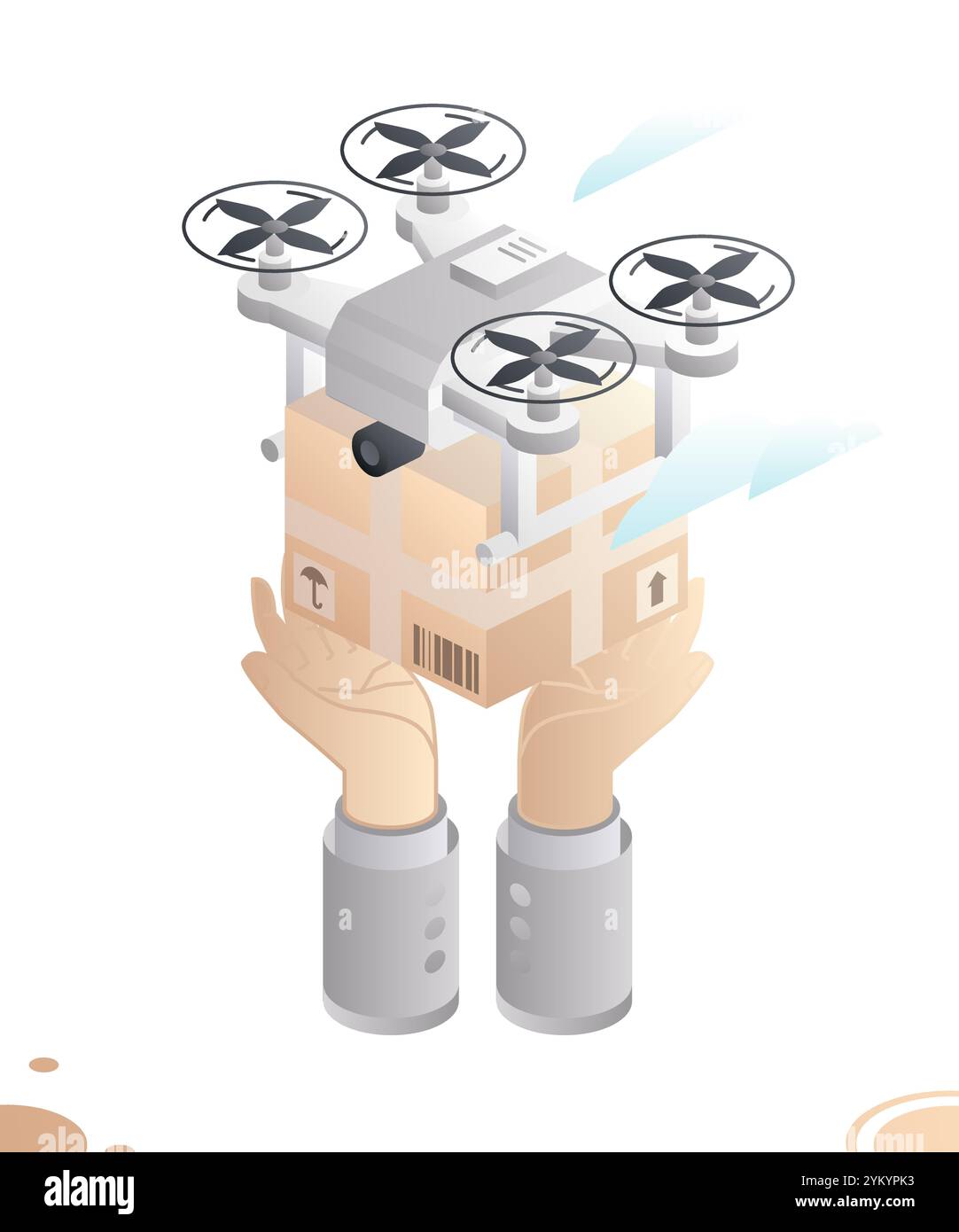 Drone livre et met une boîte en mains. Technologie de service. Illustrations vectorielles. Concept isométrique. Quadcopter avec colis. Drone livre des marchandises. Illustration de Vecteur