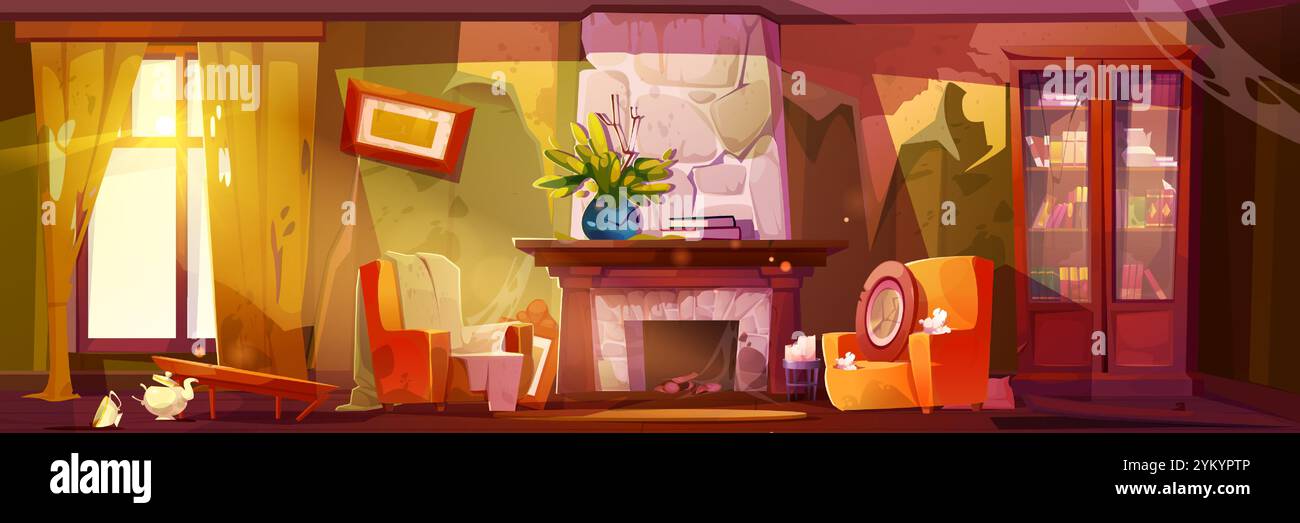 Salon abandonné avec la lumière du soleil poussiéreuse coulant à travers la fenêtre. Intérieur endommagé avec meubles inclinés et cadre tordu, cheminée vide et théière renversée, débris dispersés sur le sol et la toile d'araignée. Illustration de Vecteur