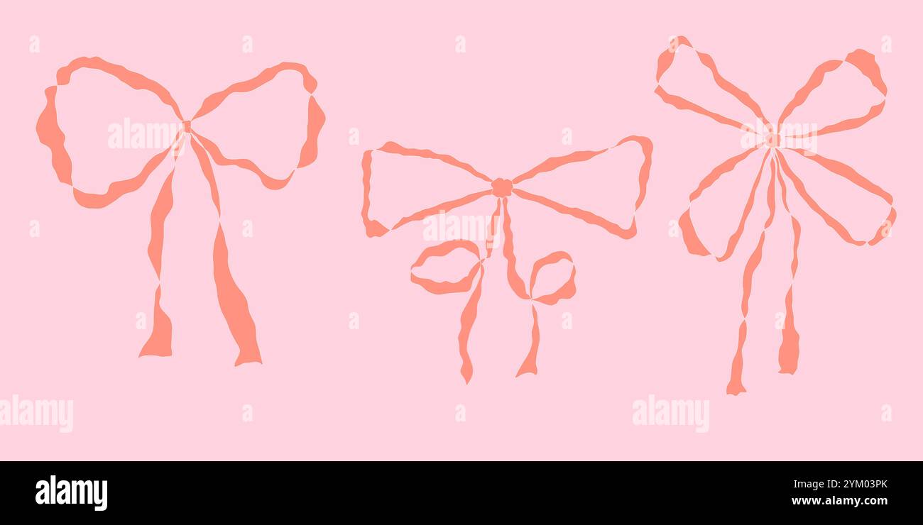 Ensemble de noeuds vintage girly rose aquarelle. Archet pour décor de cheveux plat. Rubans isolés. Accessoires tendance pour filles. Collection d'éléments de coiffure mignons Illustration de Vecteur