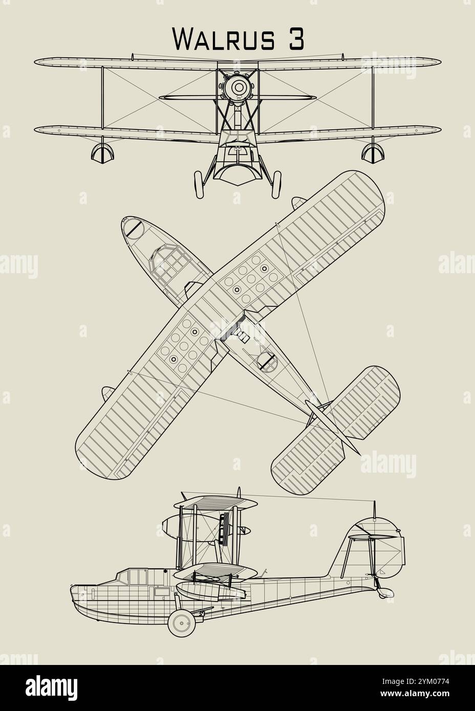 Ce plan représente l'avion Walrus sous plusieurs angles. L'image montre une vue de haut en bas, une vue latérale et une vue arrière de l'avion. Illustration de Vecteur