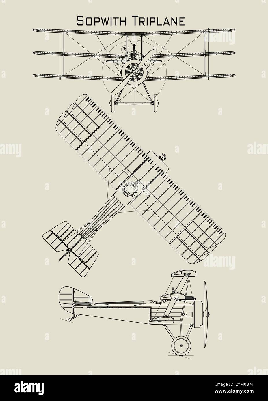 Ce plan présente un Sopwith Triplane, un avion de chasse britannique de la première Guerre mondiale. L'image présente trois vues du plan Illustration de Vecteur