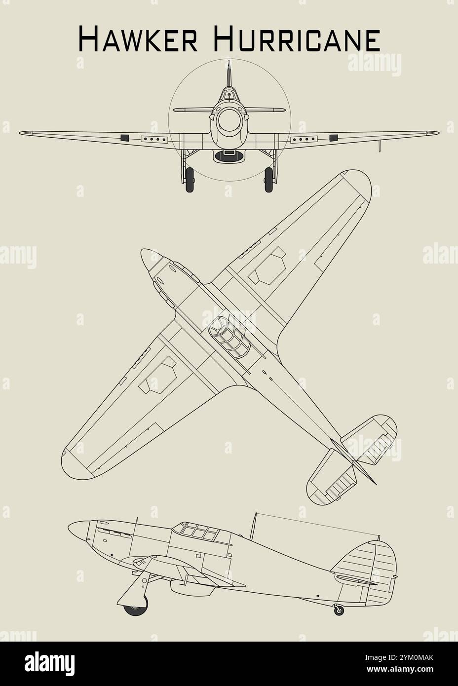 Ce plan représente un Hawker Hurricane, un avion de chasse monoplace britannique utilisé pendant la IIe Guerre mondiale Illustration de Vecteur