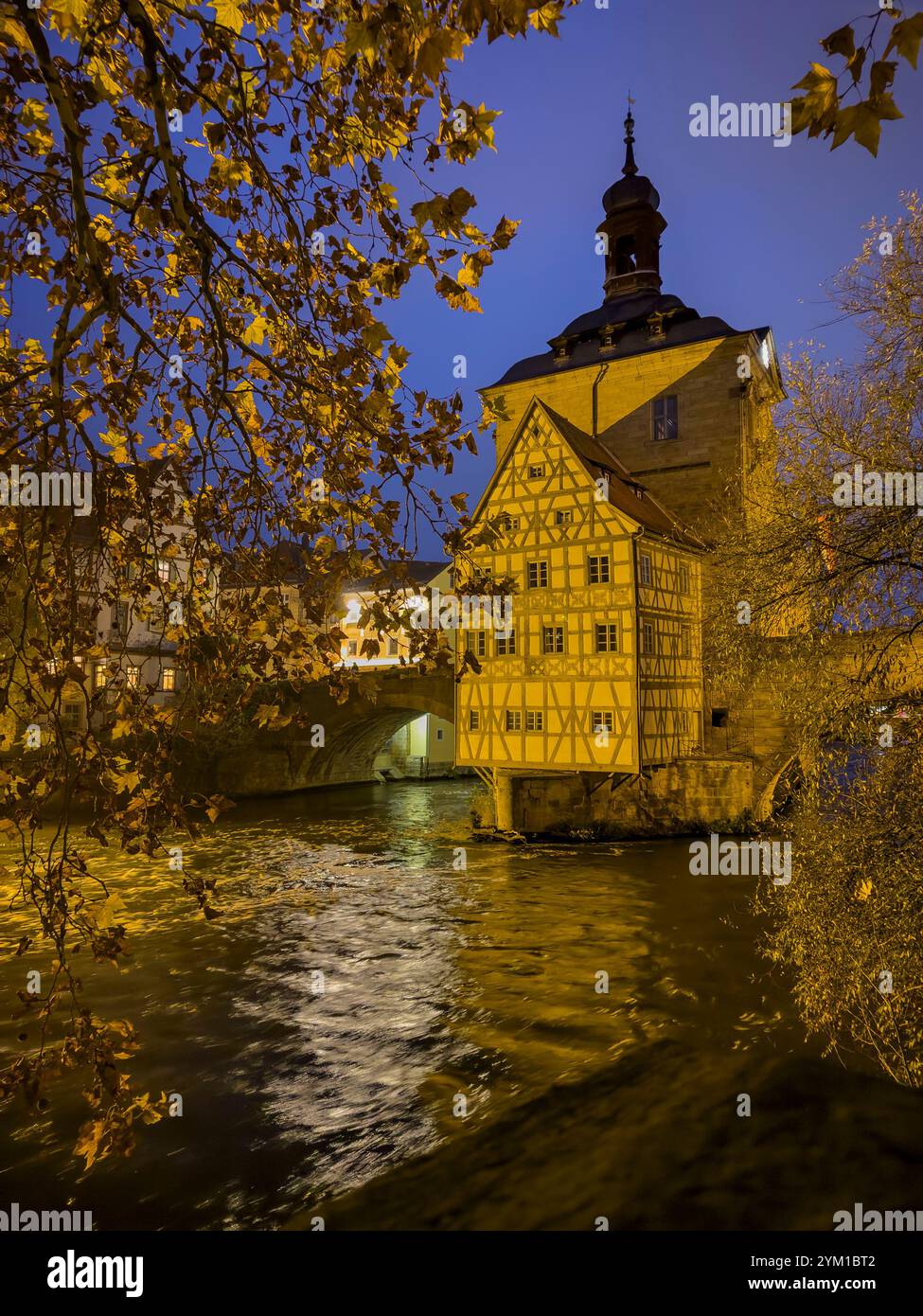 Ancien hôtel de ville de Bamberg la nuit haute-Franconie, Bavière, Allemagne, Europe en automne vertical Banque D'Images
