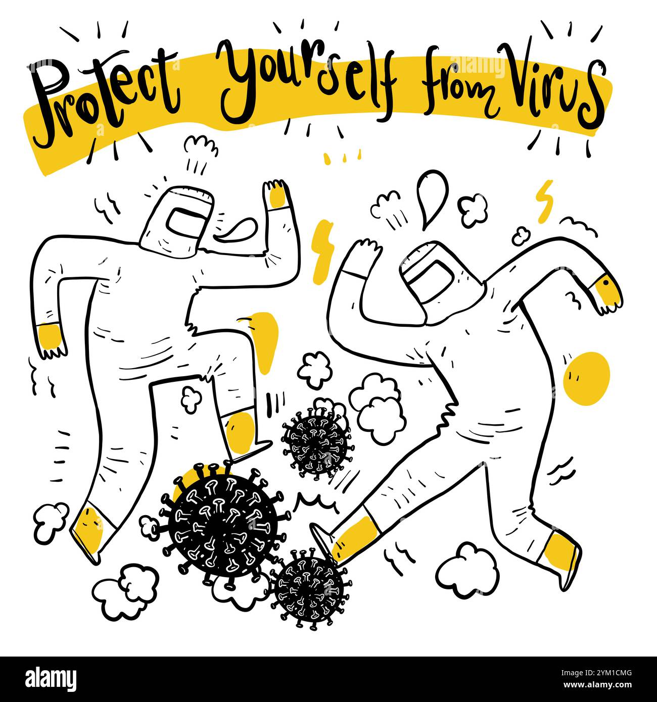 Informations sur l'élément coronavirus sur fond blanc, dessin à la main illustration vectorielle Doodle style d'art de ligne. Illustration de Vecteur