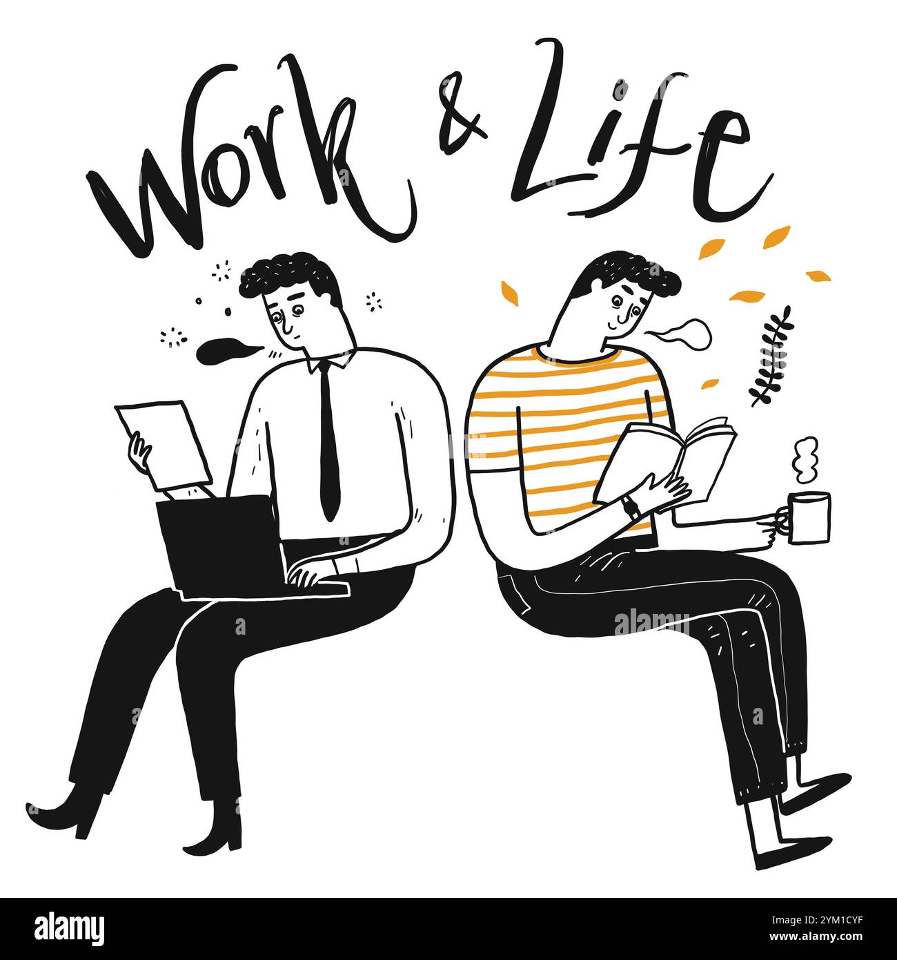 Les gens travaillent. Comparaison entre travailler au bureau et vivre librement, dessiné à la main, illustration vectorielle style doodle. Illustration de Vecteur