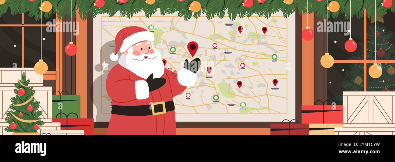 La carte de Noël du Père Noël planification de scène festive présente des décorations d'arbre de pin thème de vacances design coloré Illustration de Vecteur