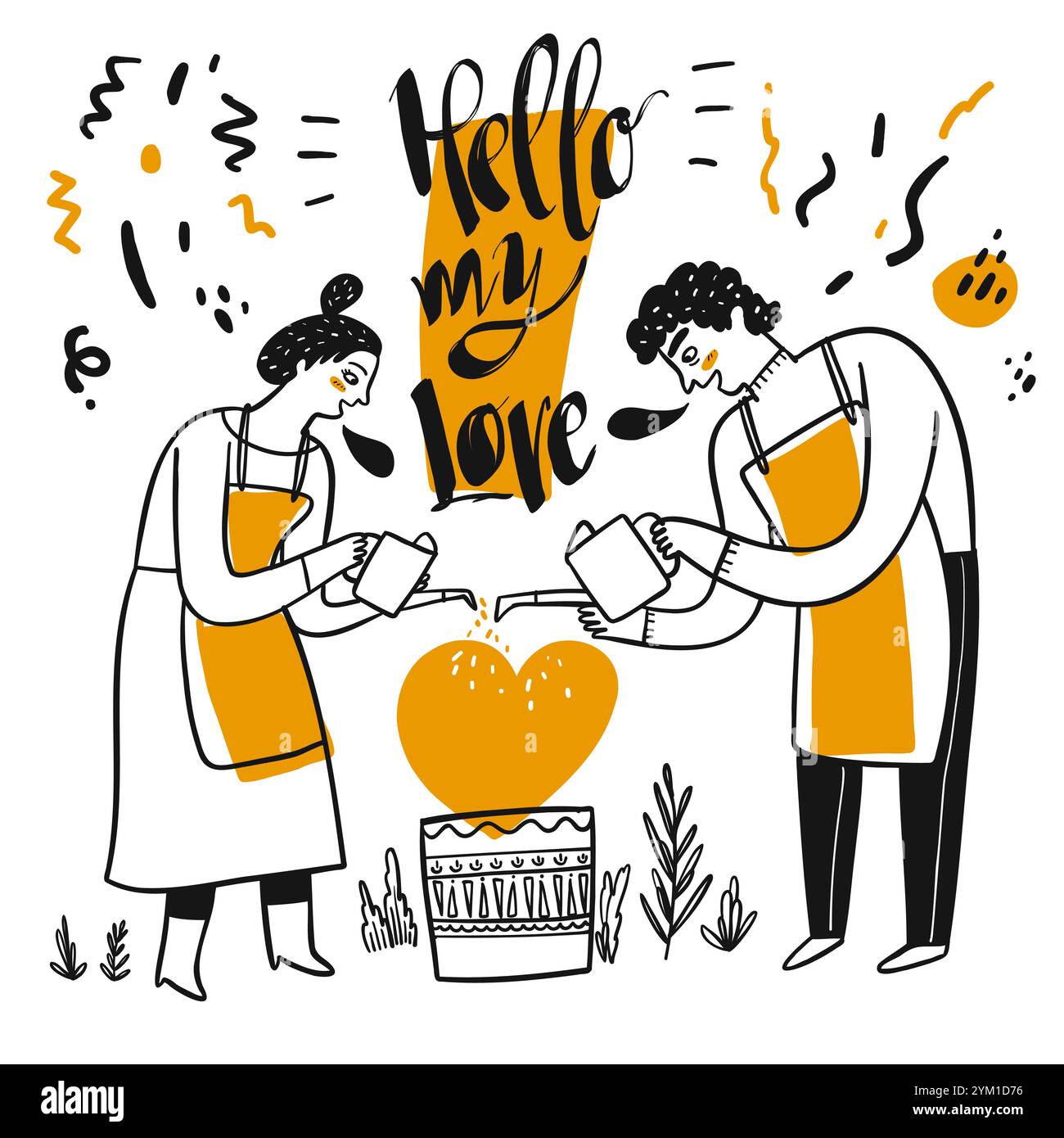 Couple arrosage plante soyez heureux avec lettrage Hello My Love, élément Pop Art sur fond blanc, dessin à la main illustration vectorielle doodle line art St Illustration de Vecteur