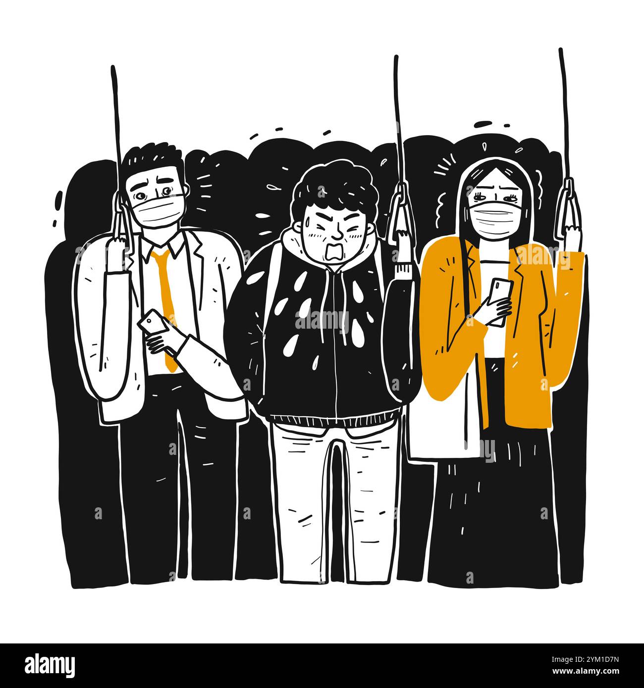 Un homme malade dans le train éternue les gens qui font semblant d'être dégoûtés. La prévention des maladies contagieuses. Dessiné à la main, illustration vectorielle dood Illustration de Vecteur