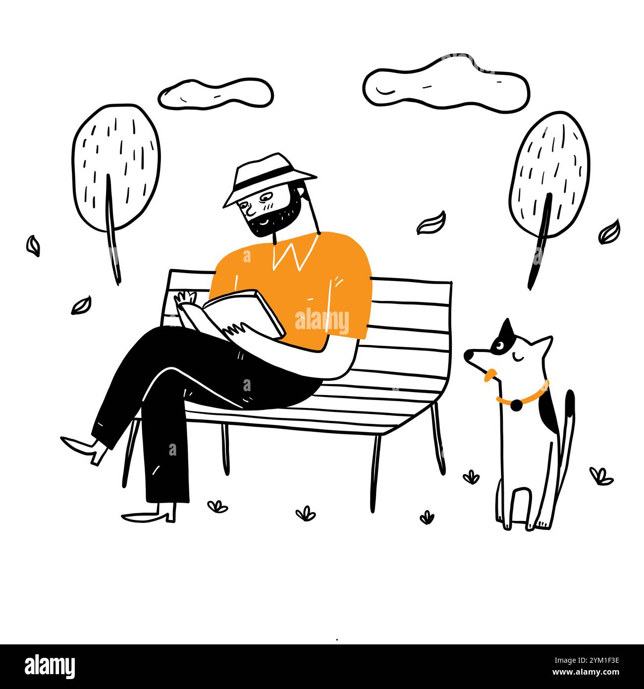 Le vieil homme assis sur la chaise de parc lisant un livre dans un cadre détendu avec son chien. Dessin à la main illustration vectorielle Doodle style Illustration de Vecteur