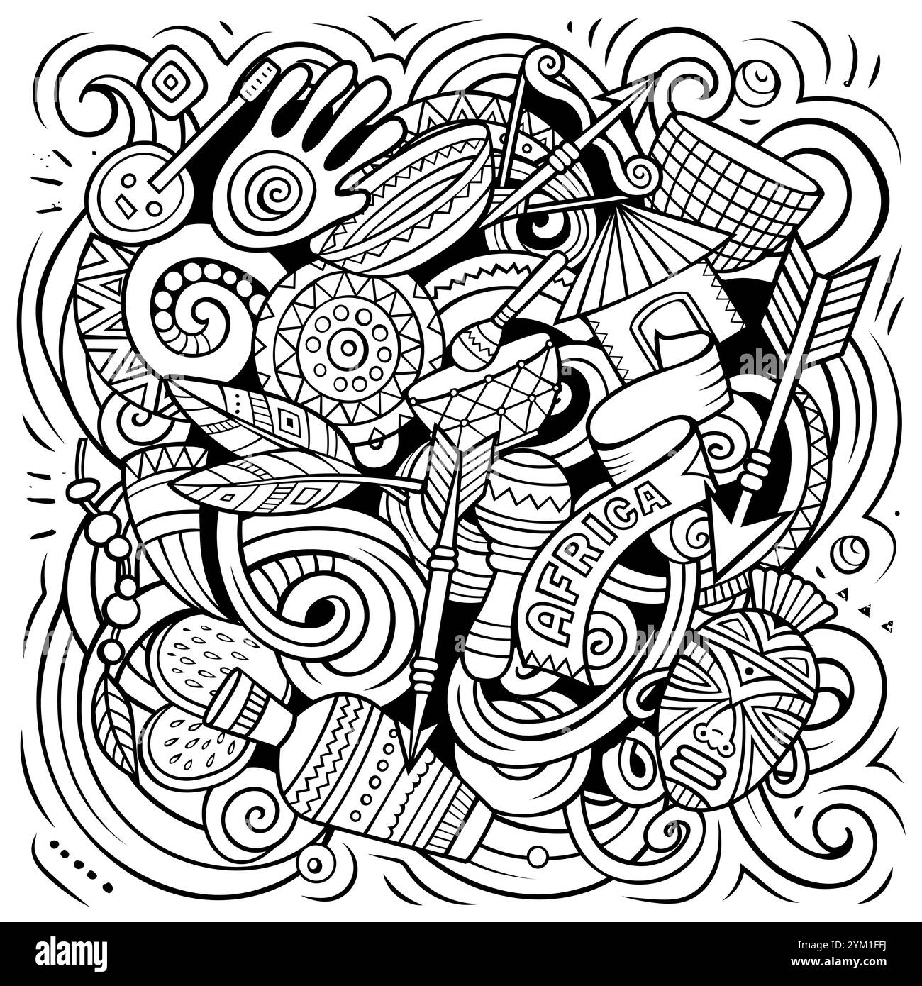 Illustration de dessins animés dessinés à la main en Afrique. Design de voyage amusant. Arrière-plan vectoriel d'art créatif. Symboles, éléments et objets africains. Couleur c Illustration de Vecteur
