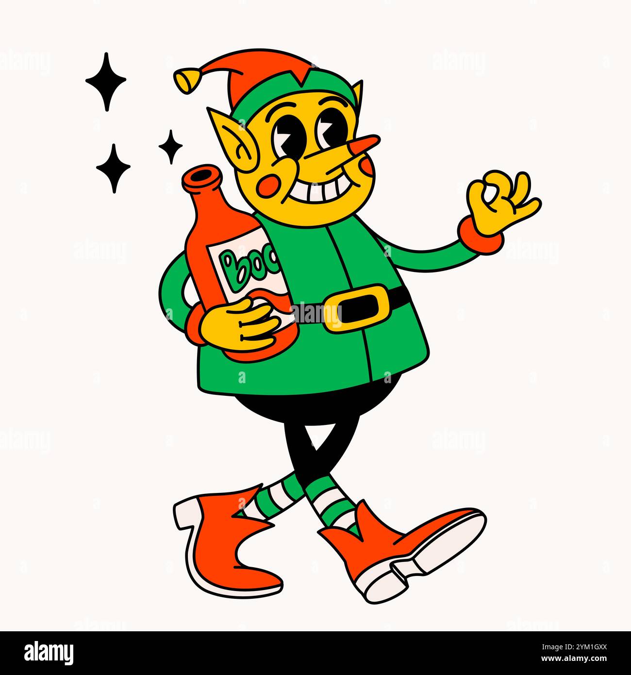 Santas Elf ivre. Groovy vintage drôle de personnage Elf avec bouteille de vin. Illustration de Vecteur