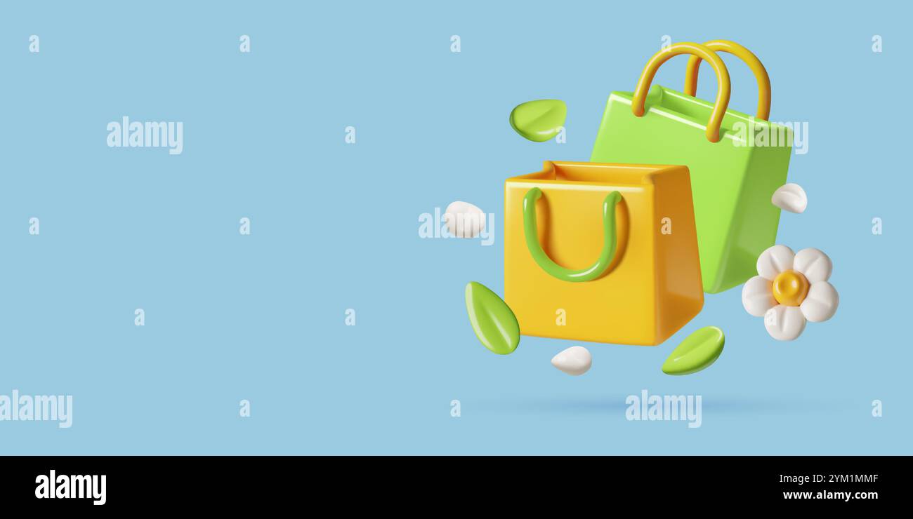 Icône vectorielle 3d de sacs à provisions avec des feuilles vertes et des pétales blancs. Vente de printemps et arrière-plan de promotion avec espace de copie. Illustration de Vecteur