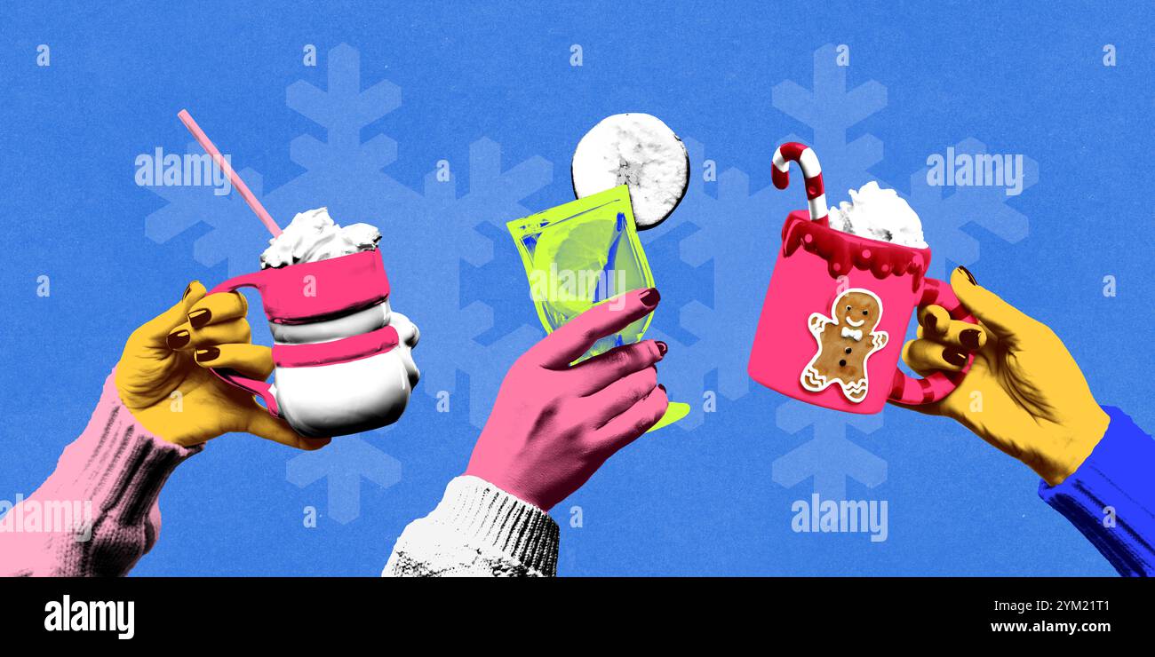Collage d'art contemporain. Trois boissons festives, chocolat chaud à la crème fouettée, boisson aux agrumes en verre transparent, et tasse avec décor de canne à bonbons. Banque D'Images