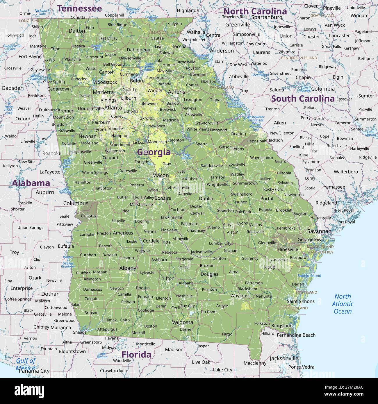 Carte politique physique de la Géorgie, États-Unis Illustration de Vecteur