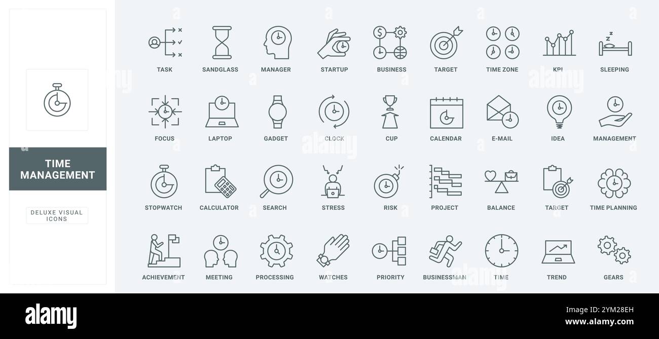 Priorité de traitement des tâches, horloge et calendrier, gadget mobile pour planifier l'équilibre de la vie professionnelle mince illustration vectorielle de symboles de contour noir. Gestion du temps, ensemble d'icônes de ligne de planification de projet d'entreprise. Illustration de Vecteur