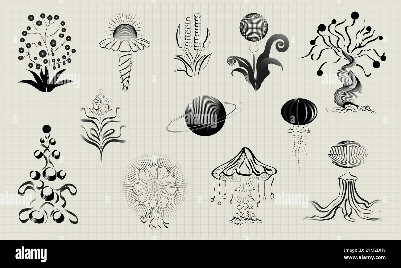 Plantes exotiques. Dessin au crayon. Une illustration vectorielle linéaire et minimaliste, un ensemble de fleurs et d'arbres extraterrestres. Pour créer un jardin fantastique Illustration de Vecteur