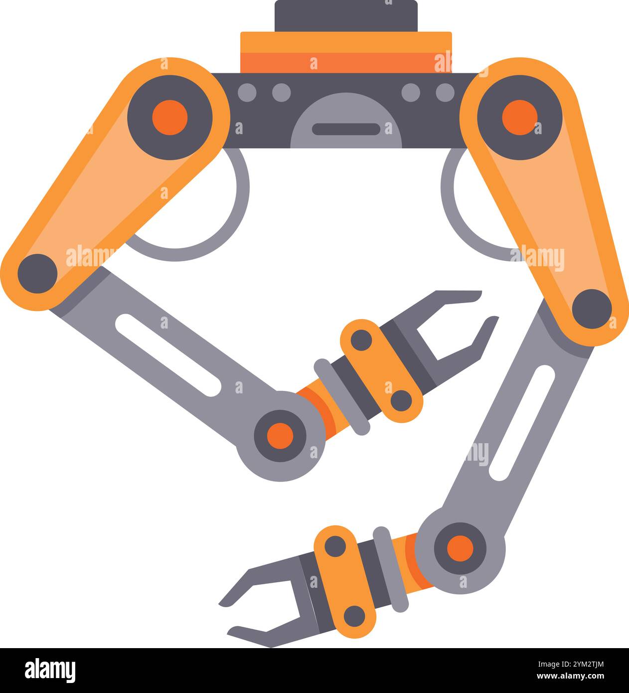 Deux bras robotisés, dotés de composants orange et gris, sont positionnés sur un fond blanc, prêts pour une tâche industrielle, symbolisant l'automatisation Illustration de Vecteur
