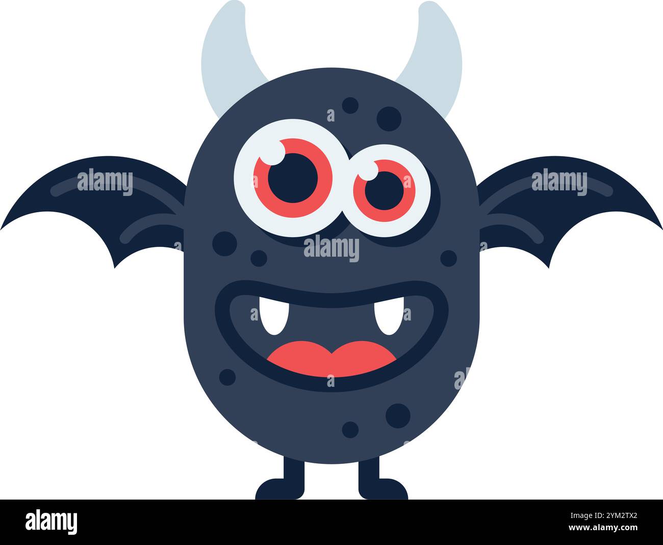 Illustration de bande dessinée d'un monstre noir souriant mignon avec de grands yeux rouges, deux cornes et des ailes comme des chauves-souris, idéal pour les produits pour enfants liés à Illustration de Vecteur