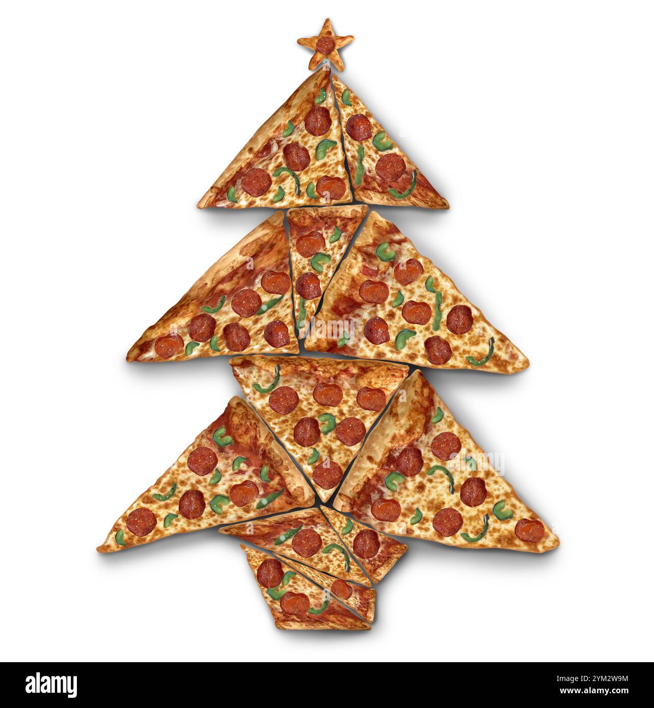 Pizza des fêtes de Noël et nourriture festive créative drôle comme une célébration de collation de fête du nouvel an d'hiver avec restauration rapide comme symbole amusant et humoristique Banque D'Images