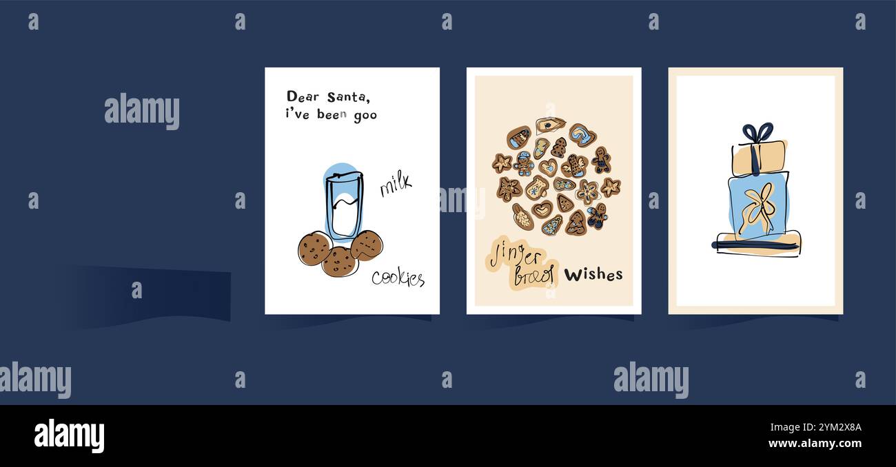 Un ensemble de cartes postales avec des biscuits de Noël, du lait et des cadeaux dans des tons délicats bleus et beiges. Illustration de Vecteur
