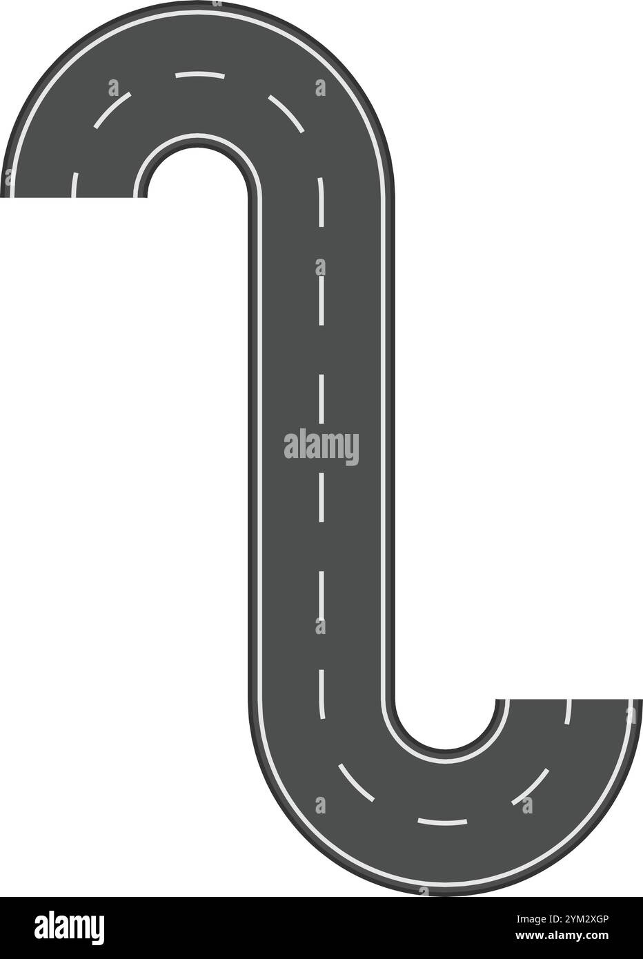 Route sinueuse faisant deux virages serrés créant une forme de s avec des lignes blanches sur asphalte gris foncé isolé sur fond blanc Illustration de Vecteur