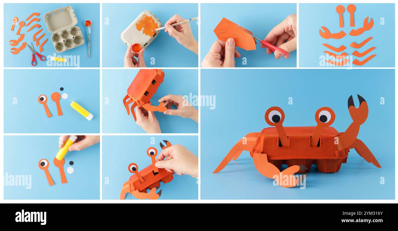 Bricolage de crabe fabriqué à partir de carton d'oeuf rouge avec des griffes en papier, des jambes et des yeux. Conception de griffe surélevée sur fond bleu. Projet d'upcycling créatif pour les enfants et Banque D'Images