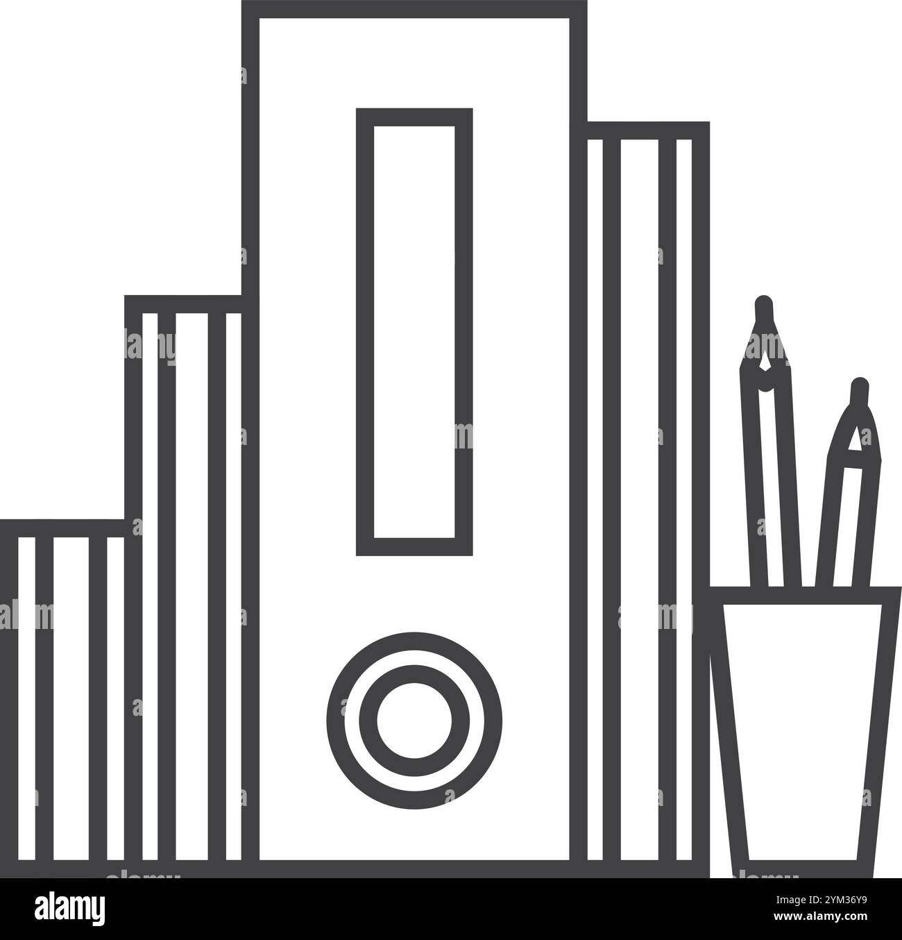 Les fournitures de bureau, y compris les classeurs à anneaux, les livres et les crayons dans une tasse sont disposés soigneusement, suggérant un espace de travail organisé et productif favorisant Illustration de Vecteur