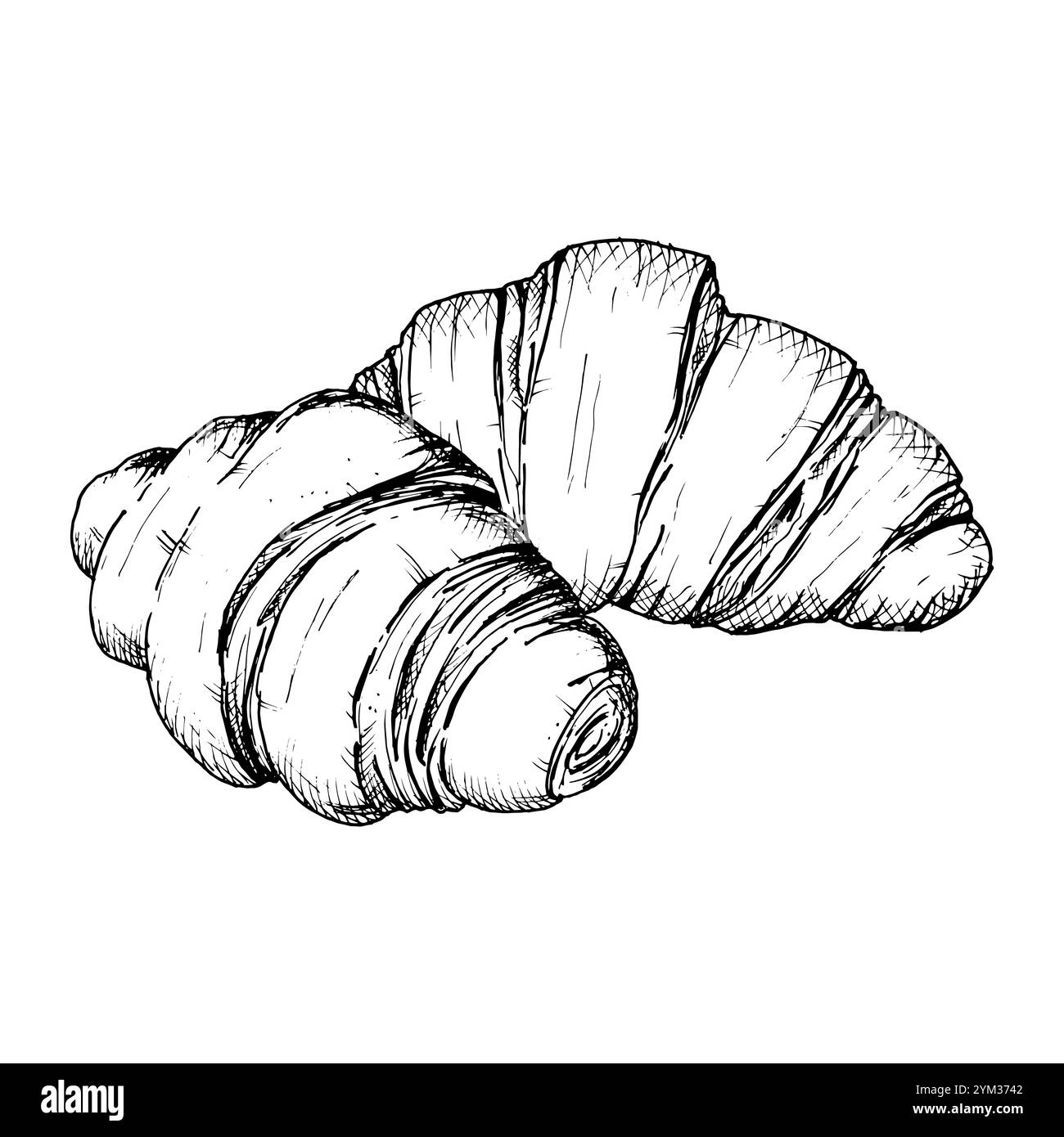 Une esquisse détaillée dessinée à la main de croissants. Illustration vectorielle en noir et blanc d'une pâtisserie française feuilletée en couches. Parfait pour le petit déjeuner, boulangerie ou Illustration de Vecteur