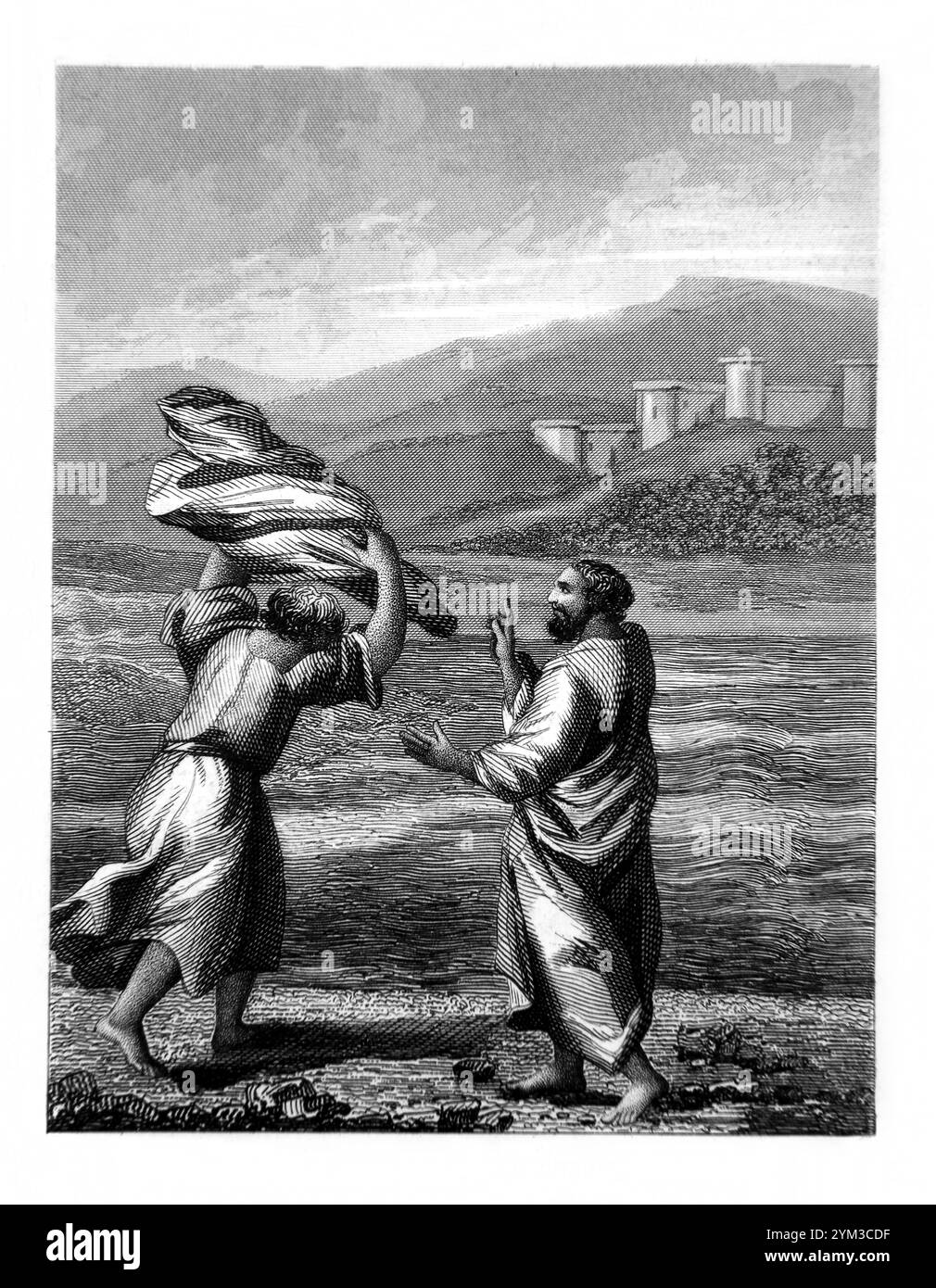 Gravure sur acier le manteau d'Elijah (2 Rois CH 2 V 8) Elijah a pris de son manteau enroulé et a frappé les eaux de la rivière Jourdain qui a alors séparé SO El Banque D'Images