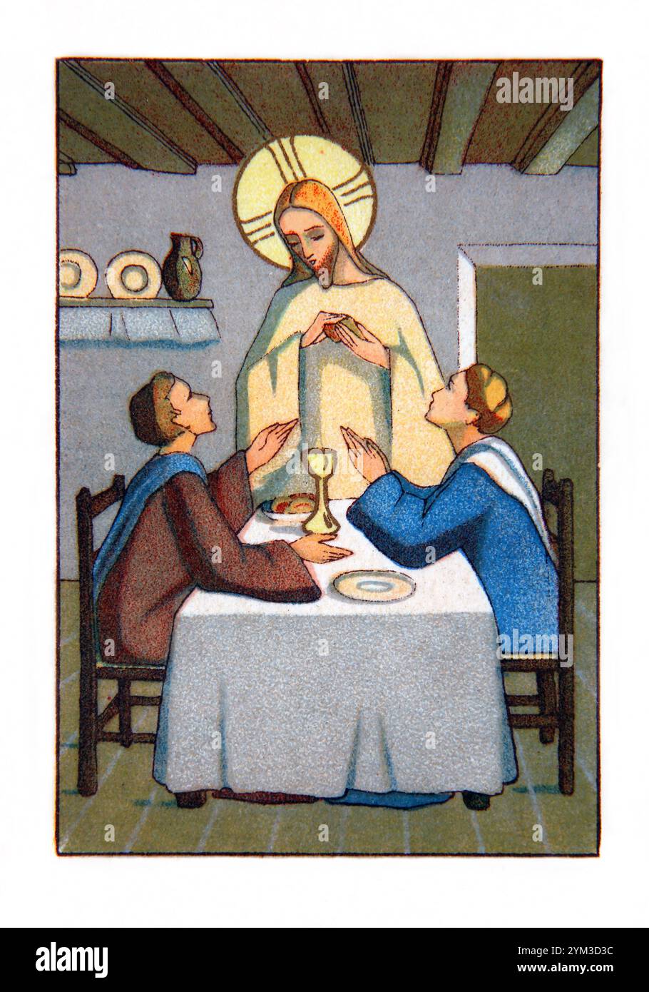 Carte de prière vintage représentant Jésus Christ rompant le pain lors d'une communion Banque D'Images