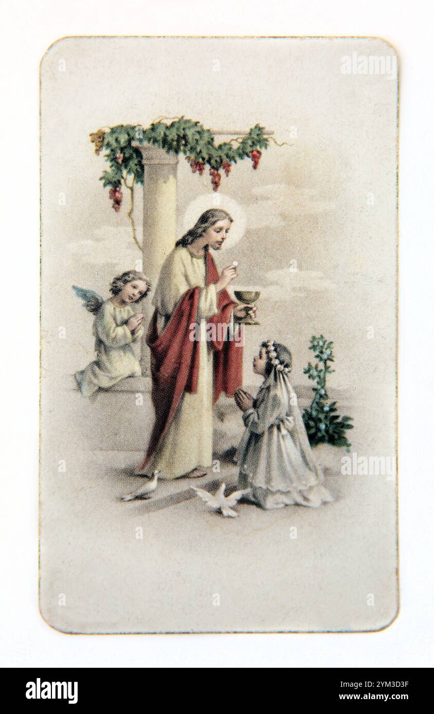 Carte de prière vintage représentant Jésus-Christ exécutant la première communion Banque D'Images